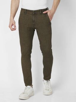 Spykar - Men Khaki Cotton Slim Fit Tapered Length Low Distressed Mid Rise Jeans Kano