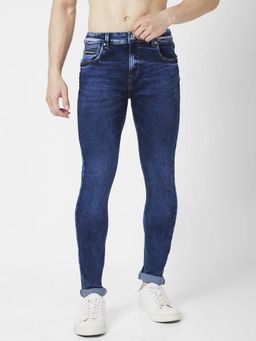 Spykar - Men Dark Navy Blue Cotton Slim Fit Narrow Length Clean Look Low Rise Jeans Skinny