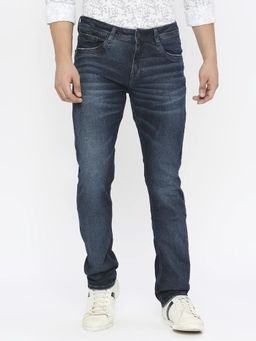 Spykar - Men Dark Navy Blue Cotton Slim Fit Narrow Length Clean Look Low Rise Jeans Skinny