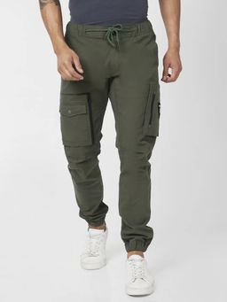 Spykar - Men Rifle Olive Cotton Joggers Fit Ankle Length Mid Rise Cargo Pant