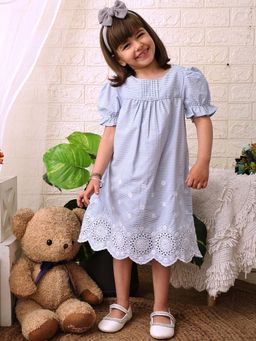 Beebay - Blue Stripe Schiffli Border Puff Sleeve Dressss