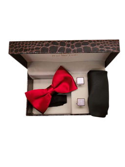 The Tie Hub - Red Silk Bow Tie With Cufflink And Black Pocket Square Valentine Combo
