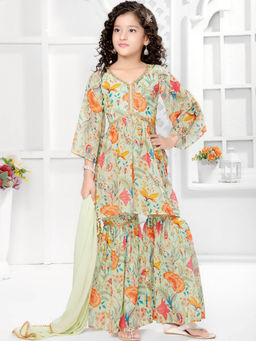 Odette - Off White Georgette Printed Kurta with Sharara and Dupatta (Set of 3)