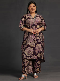Extra love by Libas - Purple floral printed silk blend Co-ord Sets for Women