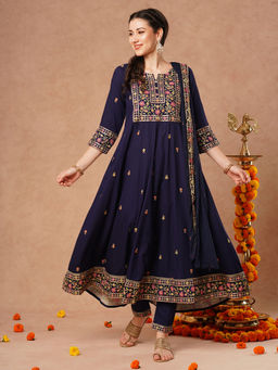 FASHOR - Blue Floral Anarkali Kurta and Pant with Dupatta (Set of 3)