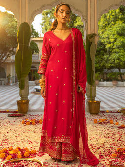 FASHOR - Pink Embellished Kurta and Palazzo with Dupatta (Set of 3)
