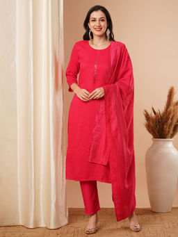 FASHOR - Pink Embroidered Kurta and Pant with Dupatta (Set of 3)
