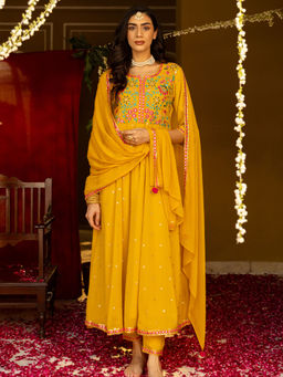 FASHOR - Yellow Floral Anarkali Kurta and Pant with Dupatta (Set of 3)