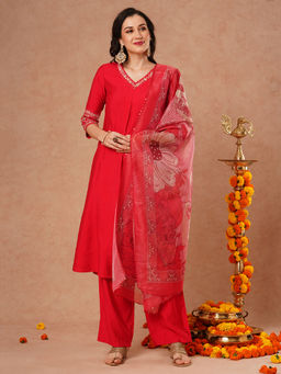 FASHOR - Pink Floral Kurta and Pant with Dupatta (Set of 3)