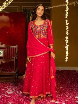 FASHOR - Pink Floral Anarkali Kurta and Pant with Dupatta (Set of 3)