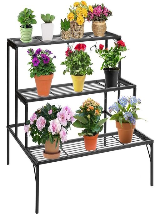 Ecofynd 3 Tier Heavy Duty Metal Folding Planter Stand Black