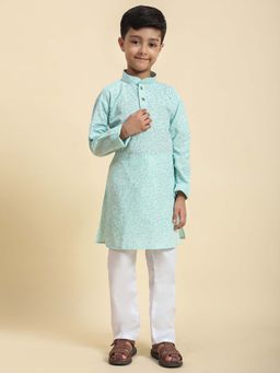 Pro Ethic Style Developer - Blue Boys Floral Embroidered Cotton Kurta with Pyjama