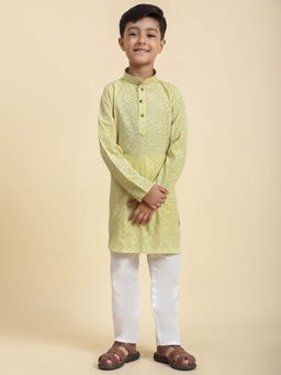Pro Ethic Style Developer - Green Boys Floral Embroidered Cotton Kurta with Pyjama