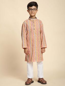 Pro Ethic Style Developer - Orange Boys Cotton Floral Printed Kurta with Pyjama
