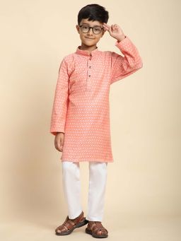 Pro Ethic Style Developer - Peach Boys Cotton Printed Kurta with Pyjama