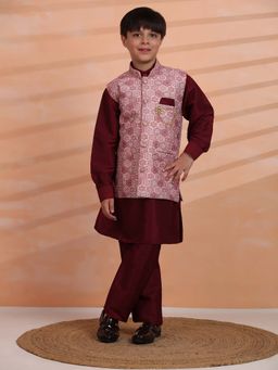 Pro Ethic Style Developer - Maroon Kids Printed Kurta with Pant and Jacket