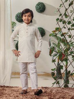 Pro Ethic Style Developer - Off White Boys Cotton Sequined Embroidered Kurta with Pyjama