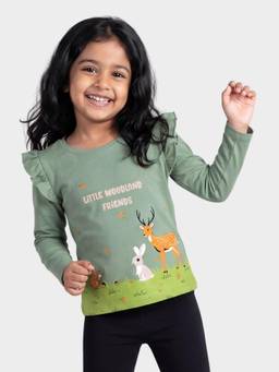 Orange Sugar - Cotton Animal Printed Full Sleeves Green Top