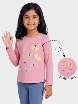 Orange Sugar - Cotton Butterflies Puff Printed Full Sleeves Girls Pink Top