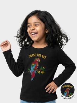Orange Sugar - Cotton Parrot Embroidery Full Sleeves Girls Black Top