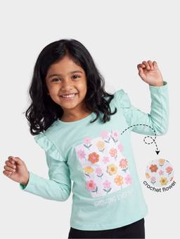 Orange Sugar - Cotton Floral Crochet Full Sleeves Girls Mint Green Top