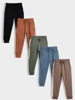 Orange Sugar - Kids Pure Cotton Adjustable Waistband Joggers (Pack Of 5)