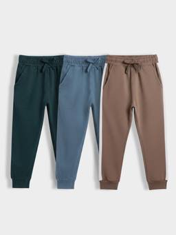 Orange Sugar - Kids Pure Cotton Adjustable Waistband Joggers (Pack Of 3)