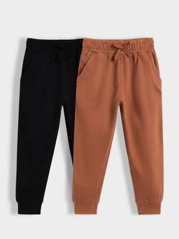 Orange Sugar - Kids Pure Cotton Adjustable Waistband Joggers (Pack Of 2)