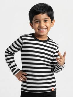 Orange Sugar - Kids Pure Cotton Black Stripes Full Sleeves T-Shirt