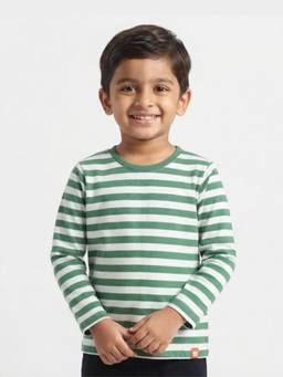 Orange Sugar - Kids Pure Cotton Green Stripes Full Sleeves T-Shirt