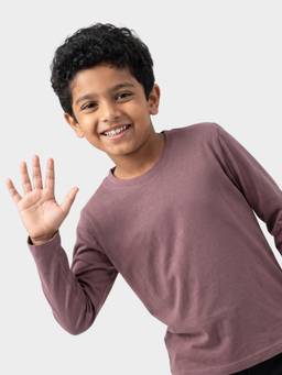 Orange Sugar - Kids Pure Cotton Solid Beetle Mauve Full Sleeves T-Shirt