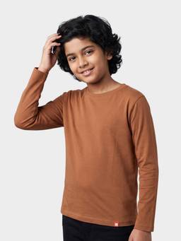 Orange Sugar - Kids Pure Cotton Solid Brown Full Sleeves T-Shirt