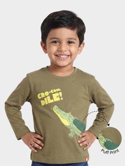 Orange Sugar - Kids Green Pure Cotton Crocooldile Printed Full Sleeves T-Shirt