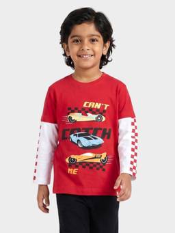 Orange Sugar - Kids Pure Cotton Race Cars Printed Full Sleeves T-Shirt