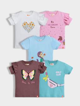 Orange Sugar - Girls Ruflle Sleeves Round Neck Cotton Tops (Pack Of 5)