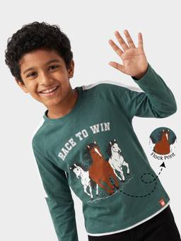 Orange Sugar - Kids Pure Cotton Horse Flock Print Full Sleeves T-Shirt