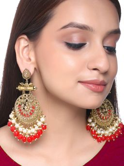 Yellow Chimes - Gold-toned Red Beads Kundan Studded Long Dangler Earrings
