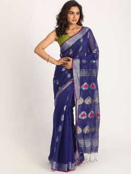 Angoshobha - Blue Cotton Blended Handloom Jamdani Saree with Unstitched Blouse
