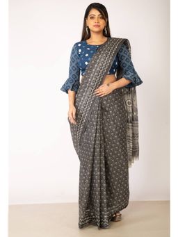 Unnati Silks - Grey Pure Krisha Block Printed Cotton Saree with Unstitched Blouse