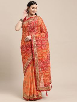 Vastranand - Designer Printed Bandhani Saree Orange with Unstitched Blouse
