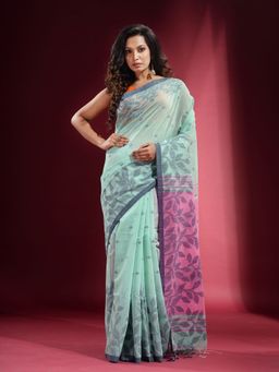 CHARUKRITI - Sky Blue with Geometric Buttas and Foliage Pattern Saree with Unstitched Blouse