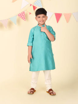 Fabindia - Teal Viscose Silk Printed Long Kurta