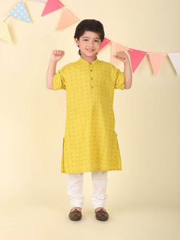 Fabindia - Yellow Cotton Printed Long Kurta