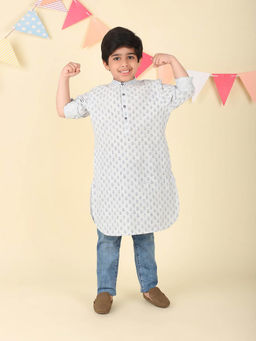 Fabindia - Blue Cotton Hand Block Printed Long Kurta