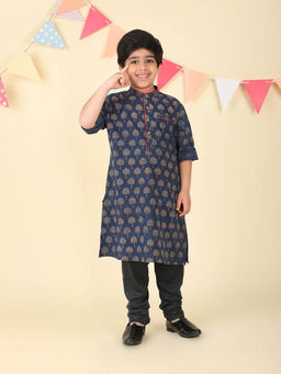 Fabindia - Navy Blue Cotton Bagru Printed Long Kurta