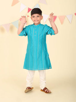 Fabindia - Blue Cotton Silk Woven Long Kurta