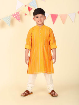 Fabindia - Yellow Cotton Silk Woven Long Kurta