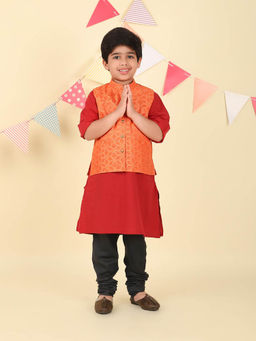 Fabindia - Maroon Cotton Hand Block Printed Kurta with Nehru Jacket