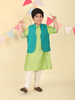 Fabindia - Teal Hand Block Printed Kurta with Nehru Jacket