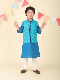 Fabindia - Teal Cotton Hand Block Printed Kurta with Nehru Jacket